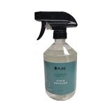 Clear spray bottle with black nozzle and blue label on a white background