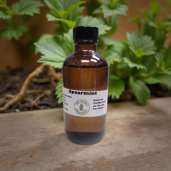 Brown bottle with spearmint label on a stone surface with green plants in the background